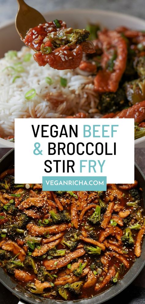 One pan vegan beef with broccoli is packed with veggies and flavor and is so simple to make! The broccoli cooks right in the sauce to save you time and dishes. This is just an incredibly flavorful, easy stir fry, perfect for weeknight dinners. Vegan Beef And Broccoli Sauce, Meatless Stir Fry Recipes, Vegan Stir Fry Sauce, Beef Stir Fry Sauce, Beef With Broccoli, Beef Broccoli Stir Fry, Vegan Stir Fry, Easy Stir Fry Recipes, Mushroom Stir Fry