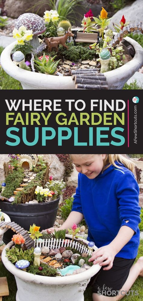 Build a magical fairy garden any fairy would love to visit all while staying on a budget! Check out these 7 Places to Find Inexpensive Fairy Garden Supplies. | @AFewShortcuts #garden #kids #fairy Kids Fairy Garden, Magical Fairy Garden, Fairy Garden Pots, Fairy Garden Terrarium, Fairy Garden Plants, Fairies Garden, Fairy House Diy, Fairy Garden Designs, Fairy Gnome