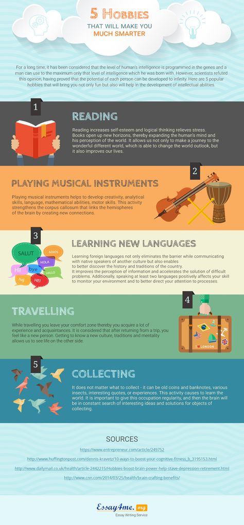 5 Hobbies That Will Make You Much Smarter Infographic - http://elearninginfographics.com/5-hobbies-will-make-much-smarter-infographic/ Interests And Hobbies List, Hobbies List, 5 Hobbies, Best Hobbies For Men, Hobbies To Take Up, Millionaire Mindset Quotes, Popular Hobbies, Hobbies For Kids, Hobbies To Try