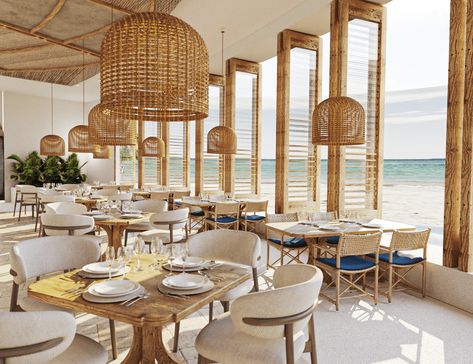 Beach Hotel Restaurant Interior Design, Seaside Cafe Design, Beach Hotel Restaurant, Restaurant Beach Design, Beach Resort Interior, Greek Restaurant Design, Beach Restaurant Aesthetic, Beach Resort Restaurant, Restaurant Layout Plan