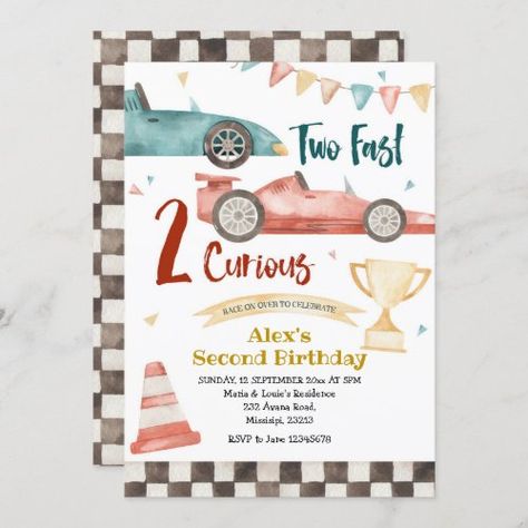 Two Fast Two Curious Racing Boy Birthday for $2.95 - Birthday Invitations Two Year Old Birthday Invitations, 2 Fast Birthday Party Vintage, Two Years Birthday Theme, Two Fast Birthday Party Invitations, Two Fast Too Curious Birthday Invitations, 2 Fast Birthday Invite, Two Fast Two Curious Invitation, 2 Birthday Invitation Card, Car Themed Birthday Party Invitations