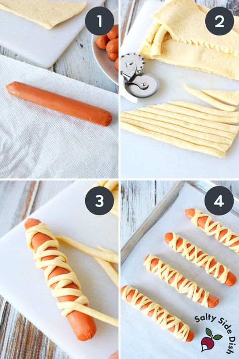 Mummy Hot Dogs with Crescent Rolls - Easy Side Dish Recipes Crescent Roll Mummy Dogs, Mummy Crescent Dogs, Crescent Mummy Dogs, Hot Dog Mummy Recipe, Halloweenies Hot Dogs, Mummy Wrapped Hotdogs, Croissant Hot Dogs Crescent Rolls, Halloween Mummy Hotdogs, Hot Dog Mummies Crescent Rolls