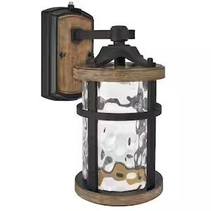 Black Outdoor w/LED Wood Dusk to Dawn Sensor Wall Light, Grain Finish, Clear Hammered Glass, 800Lm, 3000K Warm White Barndominium Front Porch, Home Exterior Lighting, Outdoor House Decor, Bunkhouse Ideas, Barn Makeover, Front Porch Light, Exterior House Lights, Farmhouse Outdoor Lighting, Outdoor Garage Lights