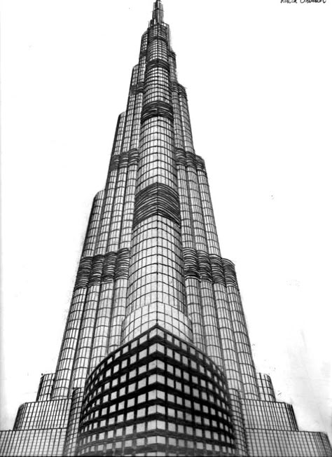 The Burj Khalifa by CauserofChaos on DeviantArt Burj Khalifa 3 Point Perspective, Burj Khalifa Sketch, Burj Khalifa Drawing, Pencil Drawing Inspiration, 3 Point Perspective, The Burj Khalifa, Architecture Drawing Sketchbooks, Perspective Drawing Architecture, Architecture Drawing Plan