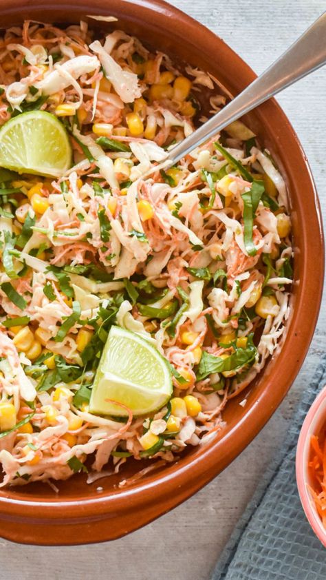 Fish Taco Coleslaw Recipe, Taco Coleslaw, Corn Slaw, Slaw For Fish Tacos, Spicy Cabbage, Spicy Coleslaw, Best Coleslaw Recipe, Slender Kitchen, Spicy Corn