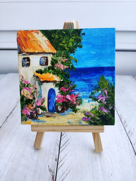 Oil Painting For Home Decor, Mini Canvas Sunset, Amalfi Painting, Cozy House Design, Positano Painting, Art Mini Toile, Mini Toile, Mini Oil Painting, Easel Painting