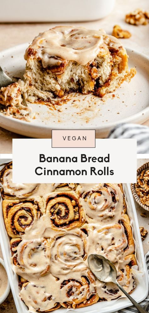 Meet the world's best vegan cinnamon rolls: vegan banana bread cinnamon rolls! These homemade vegan cinnamon rolls are like a cross between a cinnamon roll and banana bread. They're incredibly fluffy, soft, and make a wonderful brunch or treat! Best Vegan Cinnamon Rolls, Banana Cinnamon Rolls, Banana Bread Cinnamon Rolls, Banana Bread Cinnamon, Cinnamon Rolls Vegan, Bread Cinnamon Rolls, Bread Cinnamon, Cinnamon Roll Bake, Vegan Cinnamon Rolls