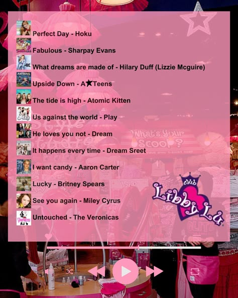 The ultimate Our Club Libby Lu playlist! Get ready to dance and sing along to your favorite pop hits and throwbacks. 🎶✨ 2000s Getting Ready Aesthetic, Early 2000s Sleepover Aesthetic, Libby Lou Party, Libby Lu Aesthetic, Libby Lu Theme Party, Feminine Songs, Bratz Costumes, Pole Dancing Room, Girly Playlist