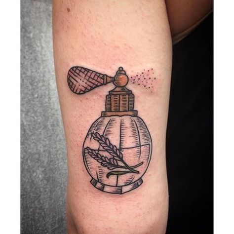 Tattoo uploaded by Robert Davies • Perfume Bottle Tattoo by Pat Crump #perfumebottle #perfume #PatCrump • 16173 • Tattoodo Traditional Perfume Bottle Tattoo, Perfume Bottle Tattoo, Lavender Sprigs, Bottle Tattoo, Spooky Tattoos, Classy Tattoos, Book Tattoo, Neo Traditional, Old School Tattoo