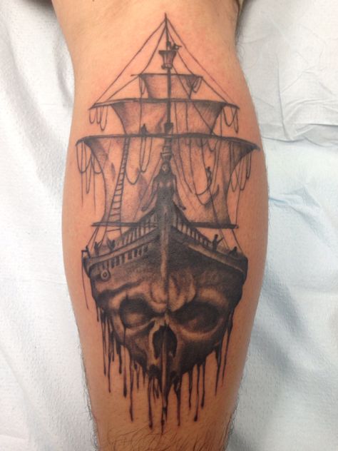 Finally got the start of my leg piece!!!! Excited to do the rest. Thank you ghost ship tattoo parlor in VA beach Beach Calf Tattoo, Ghost Ship Tattoo Design, Ghost Ship Tattoo, Ghost Pirate Ship Tattoo, Pirate Tattoo Leg, Pirate Ship Skull Tattoo, Pirate Ship Tattoo Thigh, Viking Ship Tattoo, Traditional Ship Tattoo