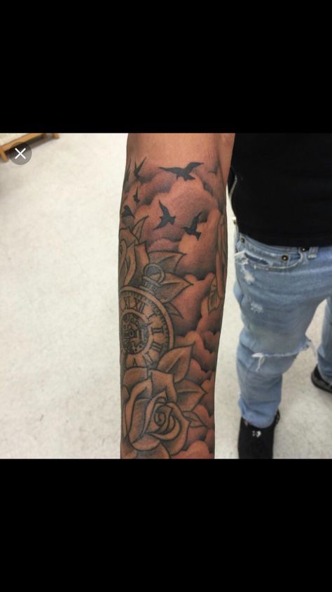 Cloud Tattoo Sleeve Forearm, Forearm Cloud Tattoos, Half Sleeve Cloud Tattoos For Men, Cloud Tattoo Sleeve For Men Forearm, Clouds Around Arm Tattoo, Upper Arm Tattoo Men Half Sleeves Clouds, Rip Tattoos For Men Forearm With Clouds, Forearm Tattoo Designs, Cloud Tattoo Sleeve