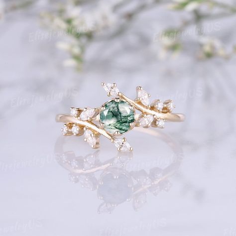 Sapphire Engagement Ring Gold, Blue Green Sapphire Engagement Ring, Gold Ring Unique, Moss Agate Jewelry, Engagement Ring Gold, Green Sapphire Engagement, Green Sapphire Engagement Ring, Nature Inspired Engagement Ring, Green Gemstone Ring