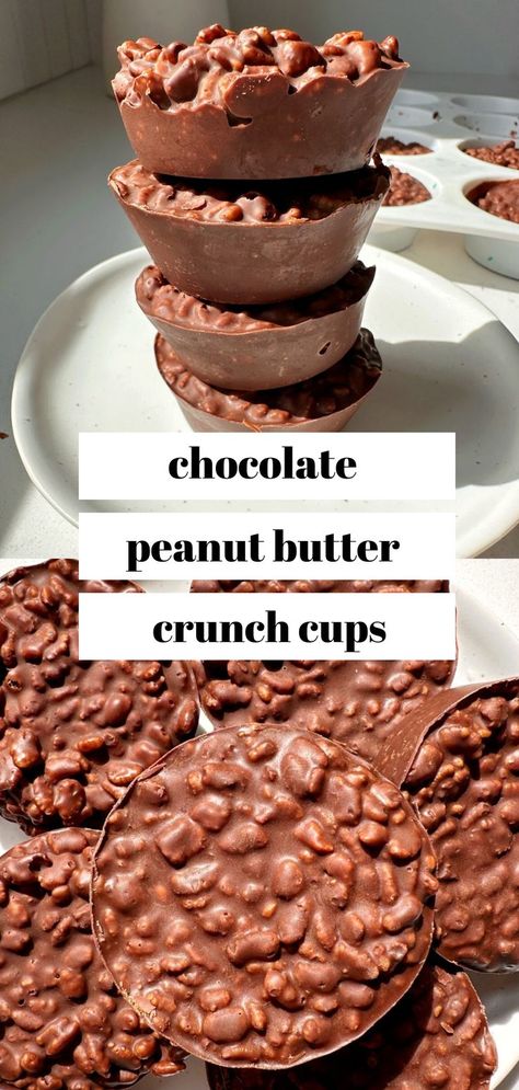 A no-bake dessert perfect for spring and summer time! These Chocolate Peanut Butter Crunch Cups will cure the sweet tooth craving and made with only 3 ingredients. Chocolate Peanut Butter Crunch Cups, Peanut Butter Crunch Balls, Chocolate Protein Crunch Cups, Chocolate Peanut Butter Crunch Bars, Pb Recipes, Random Desserts, Crunch Bars Recipe, Chocolate Rice Crispy, Peanut Butter Rice Crispies