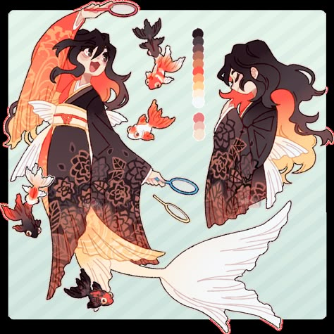 Calico Character Design, Koi Fish Outfit Design, Mermaid Outfit Design, Goldfish Character Design, Koi Character Design, Vtuber Art Style, Manta Ray Character Design, Koi Fish Character Design, Fish Person Character Design