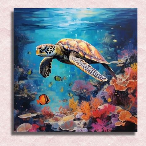 The "Sea Turtle Coral Voyage" mini paint by numbers kit is an engaging way to bring the marvels of marine life into your home, ideal for both beginners and those looking to refine their painting skills. It offers a structured approach to painting, transforming complex images into manageable sections that can be easily painted over time.The centerpiece of this kit is the majestic turtle, gliding effortlessly through a vividly colored coral seascape. Each brush stroke brings this underwater scene Underwater Scene Painting, Sea Animals Painting, Underwater Art Painting, Turtle Painting Acrylic, Marine Life Painting, Sea Life Painting, Coral Painting, Water Turtle, Sea Turtle Painting