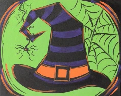 Halloween witch hat canvas painting Scary Halloween Drawings, Halloween Drawing Ideas, Halloween Canvas Paintings, Witch Hat Halloween, Halloween Kunst, Paint Parties, Fall Canvas, Halloween Rocks, Diy Halloween Decor