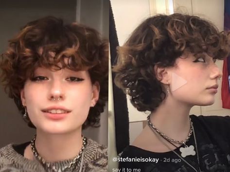 Wavy Curly Hairstyles Short, Shortish Curly Hair, Tiktok Haircuts Short, Fluffy Short Curly Hair, Fluffy Short Hair Tutorial, Tomboy Curly Hair, Short Curly Haircuts Masculine, Wolf Cut Curly Hair Short, Grunge Haircut Short Curly