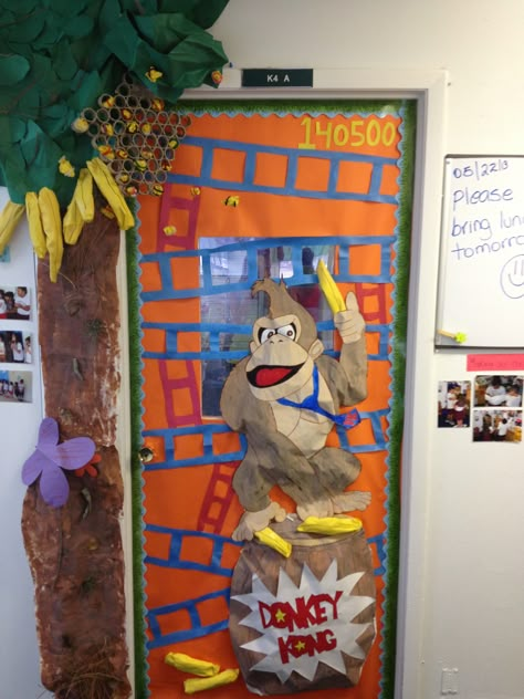 Donkey kong classroom door! Game Themed Classroom Door, Donkey Kong Bulletin Board, Donkey Kong Decorations Diy, Video Game Classroom Door Ideas, Donkey Kong Decorations, Super Mario Door Decorations, Donkey Kong Party, Hallways Ideas, Tech Classroom