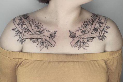 Antler Chest Tattoo Female, Antlers Collarbone Tattoo, Antlers Chest Tattoo, Deer Antler Chest Tattoo, Antler Collarbone Tattoo, Antler Collar Bone Tattoo, Antler Flower Tattoo, Deer Chest Tattoo, Antlers Tattoo