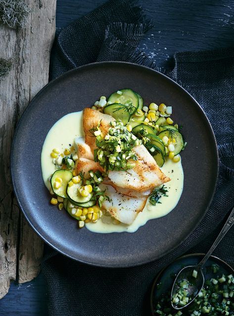 Turbot with Corn Milk and Zucchini Gremolata | RICARDO Plated Seafood Dishes, Fine Dining Entree Recipes, Yacht Food Fine Dining, Healthy Gourmet Meals, Fine Dining Fish Recipes, Summer Fine Dining, Fancy Fish Dinner, Fish Fine Dining, Turbot Recipe