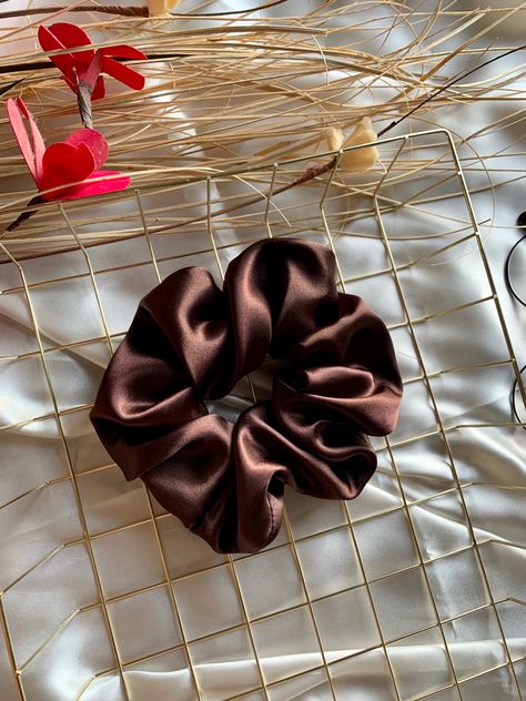 Brown Scrunchie Aesthetic, Brown Scrunchie, Rosy Makeup, Satin Scrunchies, Silk Scrunchies, Brown Satin, Hair Photo, Brown Aesthetic, Scrunchie Hairstyles