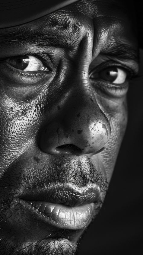 Black and White Portrait of Tiger Woods Ultra Realistic Drawings, 3/4 Portrait Reference, Human Faces Reference, Art Reference Photos Faces Black And White, High Contrast Photography Portraits, Side Portrait Photography, Black And White Face Reference, Black And White Pictures Of People, Black And White Portrait Photography Faces