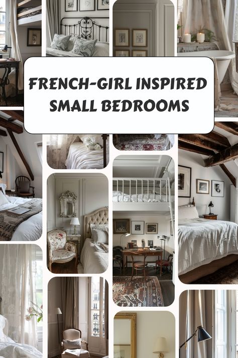 Collage of French-girl inspired small bedrooms with elegant decor and cozy furnishings. Small French Bedroom, Parisian Style Bedroom, Eclectic French Country, Wrought Iron Bed Frames, Parisian Bedroom, Plush Armchair, Fall Bedroom Ideas, Wrought Iron Bed, Parisian Home Decor