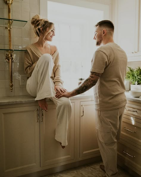 aesthetic kitchen couples photos Home Announcement Pictures, Cozy Home Engagement Shoot, Couples Photoshoot Bedroom, In Home Lifestyle Session Couple, Cozy Home Couple Photoshoot, Couple Home Shoot, First House Photoshoot, Cozy Couples Photoshoot, New House Photo Shoot First Home