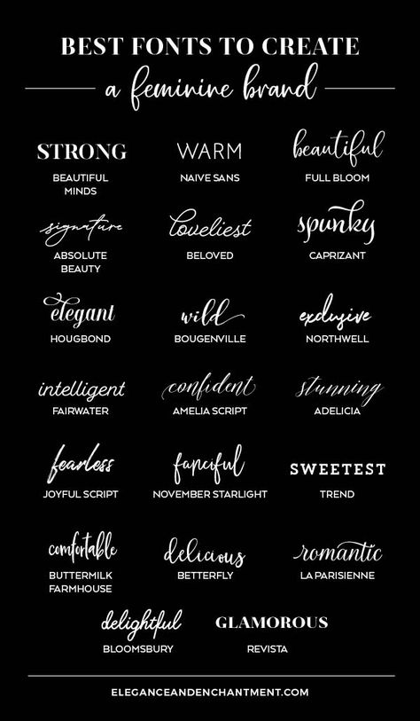 Searching for the perfect feminine font for your brand identity? Here's a roundup of twenty fabulous typefaces. // From Elegance and Enchantment Dainty Fonts For Tattoos, Best Fonts For Logos Brand Identity, Best Tattoo Fonts For Women, Phonto Fonts Edit, Handwriting Aesthetic, Tattoo Karma, Aesthetic Lettering, Font Tato, Feminine Font