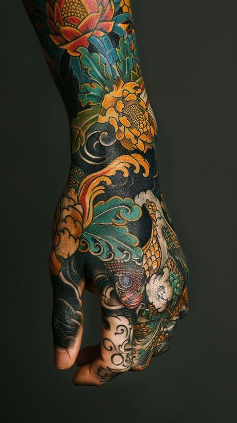 Colorful traditional arm tattoo design with floral motifs and mythical creatures on dark background Neo Traditional Full Back Tattoo, Black On White Tattoo, Highly Detailed Tattoo, Japanese Traditional Back Piece, Cover Up Sleeve Tattoo Men, Japanese Tattoos Traditional, Neojapan Tattoo, Big Forearm Tattoo, German Tattoo For Men