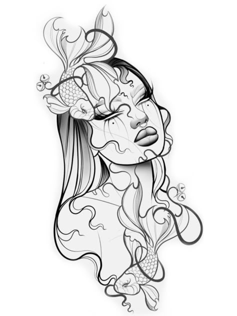 Water Goddess Drawing, Pisces Sleeve Tattoos For Women, Women Tattoos Thigh, Paradox Tattoo Ideas, Woman Face Tattoo Design Drawings, Pisces Goddess Tattoo, Sleeve Tattoos For Women Unique, Tattoos Stencils Outline, Female Sleeve Tattoo Ideas