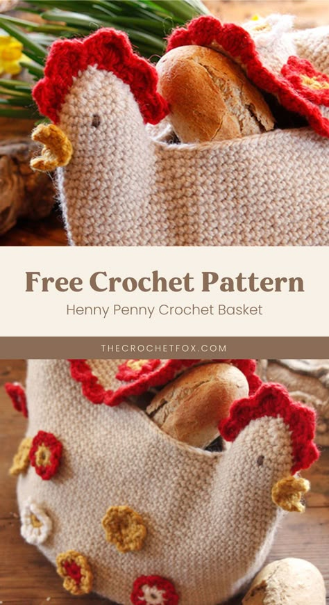 Cute Crochet Basket Pattern Free, Winter Decor Crochet Patterns Free, Hanging Flower Crochet Pattern Free, Crochet Chicken Bag Pattern Free, Crochet Chicken Hot Pad, Crochet Vegetable Basket, Free Crochet Pattern Home Decor, House Crochet Ideas, Free Crochet Patterns Basket