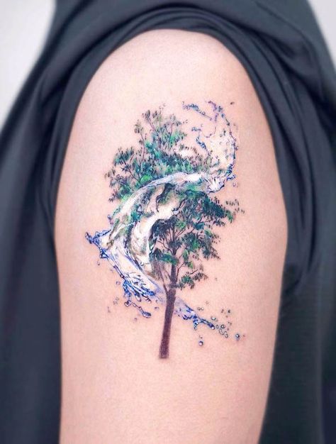 56 Elegant Water Tattoos With Meaning - Our Mindful Life Water Tattoos, Simple Tree Tattoo, Willow Tree Tattoos, Our Mindful Life, Tree Tattoos, Water Tattoo, Neck Tattoos Women, Special Tattoos, Landscape Tattoo