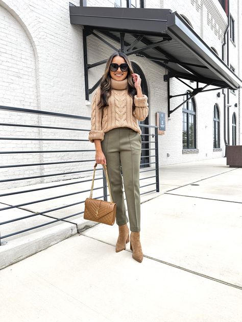 Tan Pants Outfit Fall, Work Outfits Women Office Winter Boots, Brown Boots Work Outfit, Petite Office Outfits, Brown Riding Boots Outfit, Suede Booties Outfit, Brown Booties Outfit, Heels Work Outfit, Winter Office Outfits