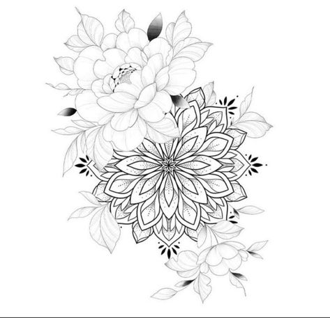 Mandala Hip Tattoo Design, Flowers With Mandala Tattoo, Mandala Line Drawing, Hip Mandala Tattoo, Above The Knee Flower Tattoo, Mandala And Flower Tattoo Design, Mandala And Floral Tattoo, Mandala Tattoo With Flowers, Mandala Tattoo Hip