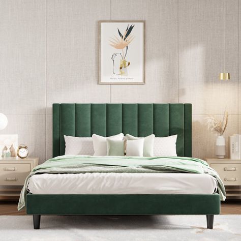 Ebern Designs Torrick Upholstered Wingback Bed | Wayfair Striped Headboard, Affordable Bed Frames, Green Headboard, Headboard Wood, Velvet Bed Frame, Teal Bedding, Wingback Bed, Bedroom Cupboard Designs, Luxury Bedding Set