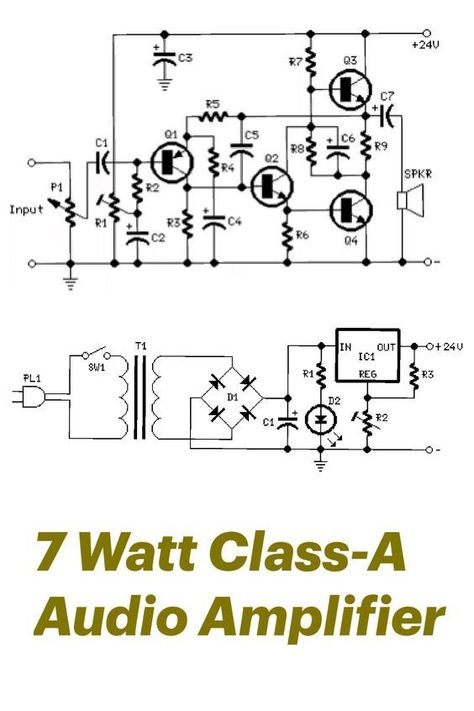 More than eleven years after its publication on this website and an ever increasing success, the 3 - 5W Class-A Audio Amplifier has undergone some small modifications (the addition of R1, Q2, R6 and the substitution of Q4 with a Darlington transistor) capable of producing a major improvement. Amplificatori Audio, Simple Electronic Circuits, Mini Amplifier, Diy Amplifier, Electric Circuit, Power Supply Circuit, Electronic Circuit Design, Electrolytic Capacitor, Electronic Schematics