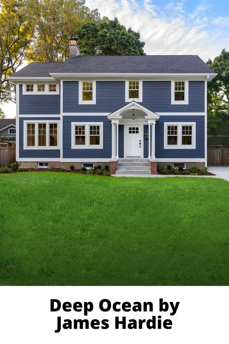 Deep Ocean is a stunning color that reads as both classic and modern. James Hardie Deep Ocean, Hardy Board Siding, Hardy Board, Hardie Board Siding, Siding Colors For Houses, Home Siding, Ocean Home, Tiny House Exterior, House Remodeling