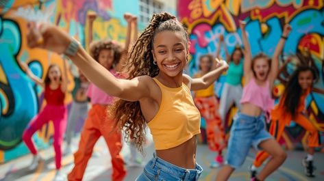 Joyful Dance Party: Energetic young dancers enjoying a vibrant street dance party in front of a colorful graffiti wall. #dancing #joy #youth #graffiti #street #aiart #aiphoto #stockcake ⬇️ Download and 📝 Prompt 👉 https://ayr.app/l/ab5L Dance Graffiti, Street Dancers, Dancing Photos, Party Image, Colorful Graffiti, Brand Mood Board, Music For You, Sony Camera, Dance Photos