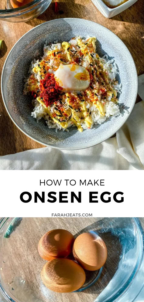 Bottom photo is of 3 eggs with shells on placed in a clear bowl. Top photo is of an onsen egg served on a bed of white rice that's drizzled with Japanese mayo, chili oil, and furikake. Australian Folded Eggs, Japanese Boiled Egg, Egg And Rice Recipes, Breakfast Ideas Asian, Korean Breakfast Recipe, Different Ways To Cook Eggs, Japanese Breakfast Recipes, Eggs Breakfast Ideas, Breakfast Japanese