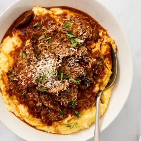 Beef Ragu With Polenta, Mushroom Polenta Recipes, Polenta Squares, Mushroom Lentil Stew, Creamy Polenta With Mushrooms, Polenta With Mushroom Ragu, Disney Meals, Fried Polenta, Ragout Recipe