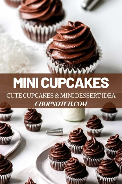 These Mini Cupcakes are easy desserts and creative cupcakes to make at home! These mini cakes ideas are perfect for birthday party desserts! Mini cupcakes make a wonderful, bite-sized treat for any occasion. This recipe uses cocoa powder as well as vanilla for a well-rounded chocolate flavor. They’re easy to make and you can have fun decorating. #MiniCupcakes #Cupcakes #EasyDesserts #CreativeCupcakes #QuickDesserts #partyDesserts Easy Mini Cupcake Recipe, Mini Chocolate Cupcake Recipe, Chocolate Cupcakes Small Batch, Small Chocolate Cupcake Recipe, Mini Cupcake Brownie Bites, Mini Cakes Ideas, Mini Cupcake Recipe, Cupcakes With Mini Chocolate Bar, Mini Cupcake Recipes