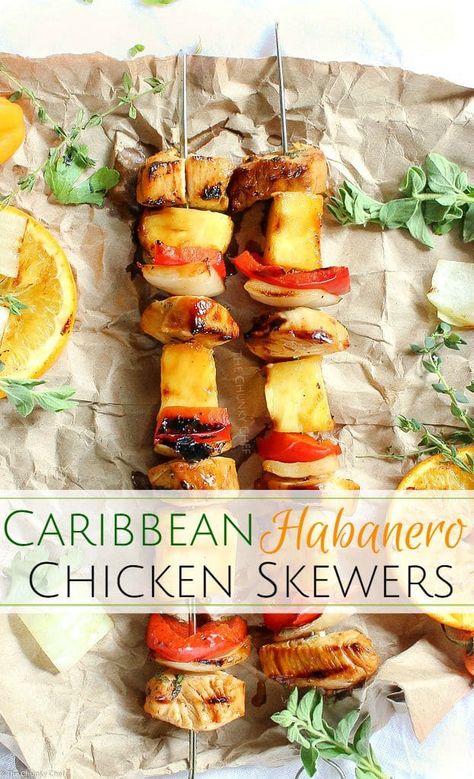 Pineapple Habanero Chicken, Healthy Caribbean Food, Tropical Food Recipes, Caribbean Food Recipes, Habanero Chicken, Grilled Kabobs, Habanero Recipes, Hawaiian Banana Bread, Caribbean Chicken