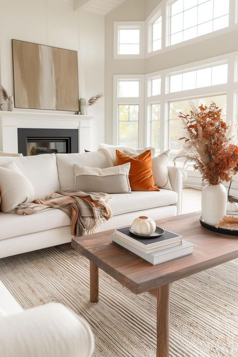 Fall Home Decor Rust Living Room Decor, White Couch Decor, Rust Living Room, Neutral Living Room Decor, Cozy Fall Home, Living Room Decor Neutral, Easy Fall Decor, Fall Living Room Decor, Fall Living Room