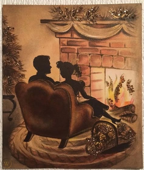 VTG MC COUPLE IN FRONT OF FIRE PLACE GOLD GLITTER HALLMARK CHRISTMAS CARD | #1888495967 Couple In Front Of Fireplace, Christmas Couple Painting, Vintage Christmas Couple, Couple Christmas Card, Xmas Drawing, Drawing Help, Christmas Romance, 1950s Christmas, Life Vision