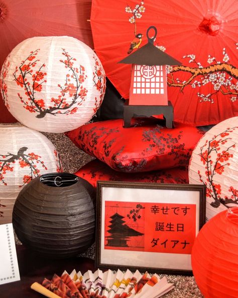 Japanese Themed Event by M&D Events.  Photo by Red Japanese Garden Theme Party, Japanese Birthday Party Decorations, Japan Themed Party Decorations, Japanese Event Decor, Japanese Theme Party, Japanese Themed Party, Japanese Decorations Party, Japan Themed Party, Japanese Party Decorations