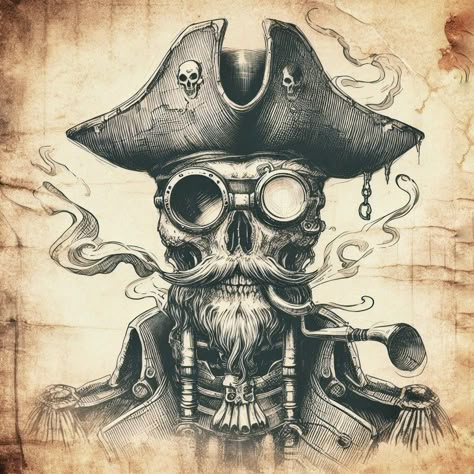 #steampunk #pirate Pirate Skull Tattoos For Men, Pirate Skull Drawing, Skinhead Tattoos, Pirate Skull Tattoos, Ghost Pirate, Steampunk Drawing, Cool Skull Drawings, Pirate Design, Steampunk Coloring