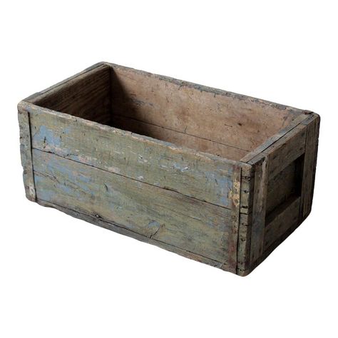 This is a vintage wooden crate.  The hand-built wood box features metal bracing on the side corners with distressed blue paint coloring the wood. Vintage Wooden Crates, Farmhouse French Country, Blue Paint Colors, Metal Shop, Wooden Crates, Pill Boxes, Weathered Wood, Wooden Crate, Wood Box