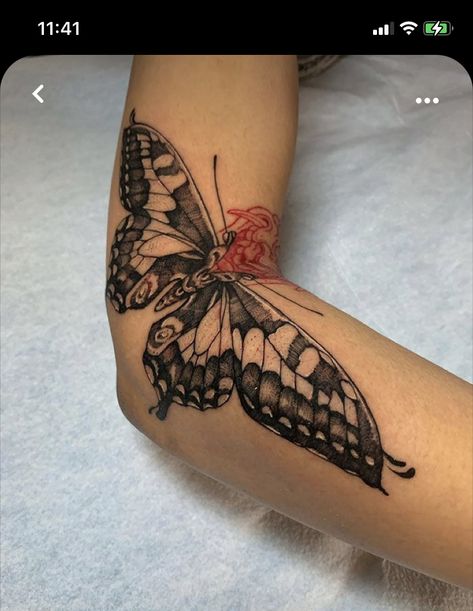 Transforming Tattoos, Moving Tattoos, Moving On Tattoos, French Tattoo, Single Needle Tattoo, Elbow Tattoos, Moth Tattoo, Red Tattoos, Make Do