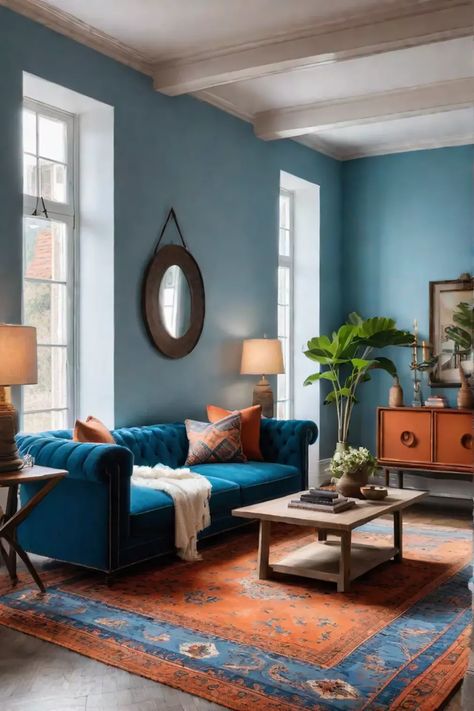 Bohemian living room with terracotta walls and colorful furniture Light Blue And Terracotta Living Room, Analogous Color Scheme Interior Design, Warm Blue Living Room, Blue And Terracotta Living Room, Bold Colors Living Room, Blue Couch Living Room Colour Schemes, Orange And Blue Living Room, Blue And Copper Living Room, Sunset Living Room